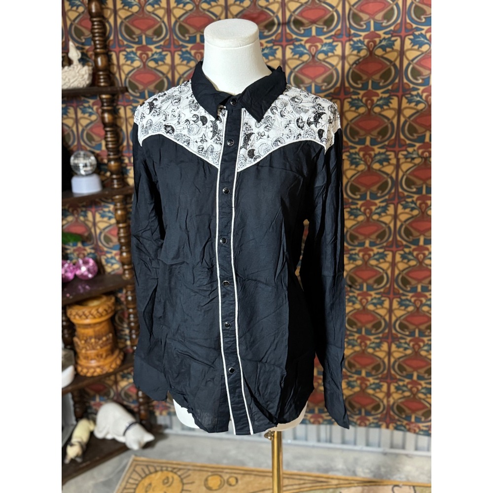 Standard Issue Western Shirt Black White Mushroom Print Rockabilly Top